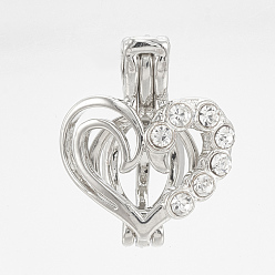 Silver Brass Locket Pendants, Cage Pendants, Hollow, with Rhinestones, Heart, Silver Color Plated, 18x15x8mm, Hole: 4x2mm, Inner Diameter: 7.5mm
