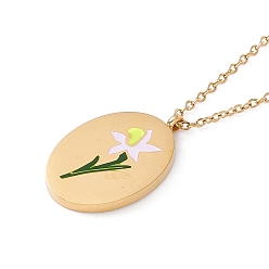 March Daffodil Collar con colgante de flor de nacimiento ovalada de esmalte, oro 304 joyas de acero inoxidable para mujer., narciso de marzo, 15.67~16.26 pulgada (39.8~41.3 cm)