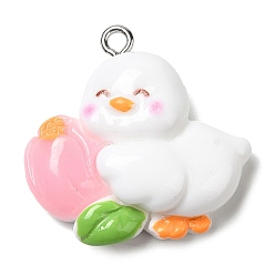 White Cute Opaque Resin Pendants, Duck Charms with Platinum Plated Iron Loops, White, 25.5x26x8mm, Hole: 1.7mm