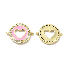 Pink Brass Micro Pave Clear Cubic Zirconia Connector Charms, with Enamel, Flat Round with Heart Links, Real 18K Gold Plated, Pink, 14.5x19x2.5mm, Hole: 1mm