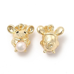 Chapado en Oro Real de 14K Colgantes de perlas naturales, encantos de ratón, con fornituras de latón, real 14 k chapado en oro, 20x13.5x10 mm, agujero: 3 mm