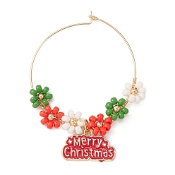 Red Christmas Theme Alloy Enamel Wine Glass Charms, with 316 Surgical Stainless Steel Hoop Earring Findings and Glass Seed Bead, Word Merry Christmas, Red, 59mm