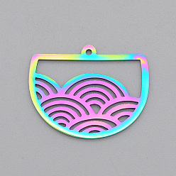 Rainbow Color Ion Plating(IP) 201 Stainless Steel Pendants, Laser Cut, Half Round with Rainbow, Rainbow Color, 19x24x1mm, Hole: 1.2mm