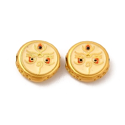 Light Yellow Alloy Beads, with Enamel, Golden, Flat Round with God of Wealth & Eye, Light Yellow, 13~13.5x4.5mm, Hole: 2mm