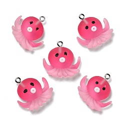 Fuchsia Opaque Resin Pendants, with Platinum Tone Iron Loops, Frosted, Octopus, Fuchsia, 24x24x5mm, Hole: 2mm