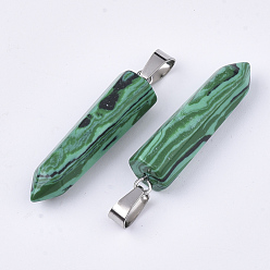 Malachite Synthetic Malachite Point Pendants, with Platinum Tone Brass Findings, Bullet, 35~37x10~11x9~10mm, Hole: 6~7x2.5~4mm