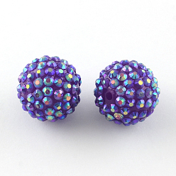 Violet Foncé Ab-perles de couleur strass de résine, avec des perles rondes acryliques à l'intérieur, pour les bijoux de bubblegum, violet foncé, 20x18mm, Trou: 2~2.5mm