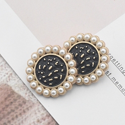Black Alloy Enamel Shank Buttons, with Plastic Imitation Pearls, for Garment Accessories, Black, 23mm
