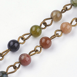 Indian Agate Natural Indian Agate Handmade Beaded Chains, Unwelded, with Iron Eye Pin, 39.37 inch, 1m/strand