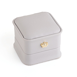 Gray PU Leather Ring Gift Boxes, with Golden Plated Iron Crown and Velvet Inside, for Wedding, Jewelry Storage Case, Gray, 5.85x5.8x4.9cm