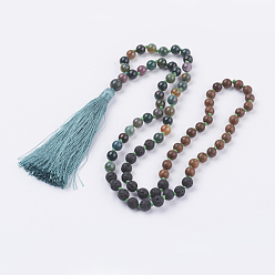 Green Nylon Tassel Pendant Necklaces, with Natural Indian Agate and Lava Rock Beads, and Wood Beads, with Burlap Paking Pouches Drawstring Bags, Green, 31.1 inch(79cm)