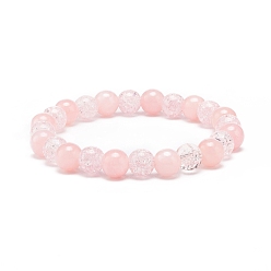 Pink Natural Mashan Jade & Synthetic Crackle Quartz Round Beaded Stretch Bracelet for Women, Pink, Inner Diameter: 2-1/8 inch(5.4cm), Beads: 8mm