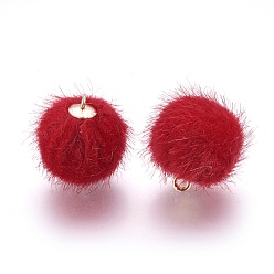 Red Handmade Plush Cloth Fabric Covered, with CCB Plastic Findings, Round, Golden, Red, 17x15mm, Hole: 1.5mm