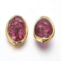 Cerise Dyed Natural Quartz Crystal Beads, with Brass Findings, Nuggets, Golden, Cerise, 20~28x17~19x11~16mm, Hole: 1.2mm