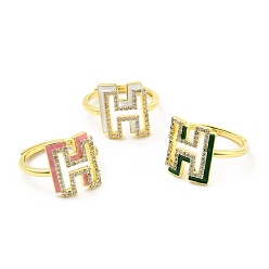 Letter H Mixed Color Enamel Initial Letter Adjustable Ring with Clear Cubic Zirconia, Real 18K Gold Plated Brass Jewelry for Women, Cadmium Free & Lead Free, Letter.H, US Size 5 1/4(16mm), Letter.H: 14x12mm