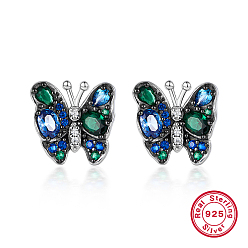 Green Rhodium Plated Sterling Silver Butterfly Stud Earrings, with Cubic Zirconia, with 925 Stamp, Green, 12x11mm
