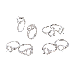 Platinum Adjustable Brass Finger Ring Components, 4 Claw Prong Ring Settings, with Cubic Zirconia, Long-Lasting Plated, Platinum, Size 7~8, 17~18mm, Tray: 9.5~10x7.5~8mm