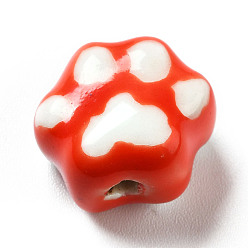 Rouge Perles de porcelaine imprimés faits à la main, empreintes de pattes, rouge, 13.5x15x9.5mm, Trou: 1.8mm