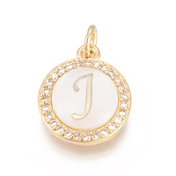 Letter J Brass Micro Pave Cubic Zirconia Pendants, with Shell, Long-Lasting Plated, Lead Free & Cadmium Free & Nickel Free, Real 18K Gold Plated, Flat Round with Letter, Clear, Letter.J, 16x13.5x3mm, Hole: 3mm