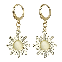 Old Lace Golden Alloy Sun Shape Dangle Leverback Earrings with Cat Eye, Old Lace, 40mm, Pin: 1mm