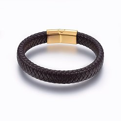 Coconut Brown Leather Braided Cord Bracelets, 304 Stainless Steel Magnetic Clasp, Rectangle, Golden, Coconut Brown, 8-5/8 inch(22cm), 12x6mm