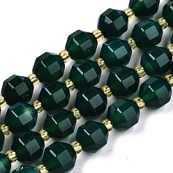Dark Green Natural Agate Beads Strands, Faceted, with Seed Beads, Dyed, Round, Dark Green, 8x7.5mm, Hole: 1.2mm, Beads: 3.5x2mm, about 34pcs/strand, 15.35 inch(39cm)