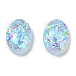 Bleu Clair Cabochons en résine imitation opale, avec de la poudre de paillettes, dos plat ovale, bleu clair, 6.5x4.5x1.5mm