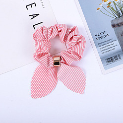 Pale Violet Red Stripe Pattern Rabbit Ear Polyester Elastic Hair Accessories, for Girls or Women, with Iron Findings, Scrunchie/Scrunchy Hair Ties, Pale Violet Red, 140x90mm