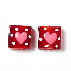 Малиновый Бусины лэмпворк , квадрат с сердца шаблона, малиновый, 16x15x6 мм, отверстие : 1.8 мм