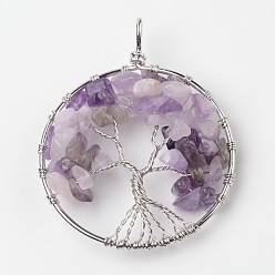 Amethyst Tree of Life Natural Amethyst Big Pendants, with Brass Findings, Platinum, 63~65x49~51x8~10mm, Hole: 8~10mm