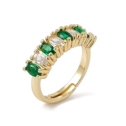 Dark Green Rack Plating Brass Cubic Zirconia Cuff Rings for Women, Oval Long-Lasting Plated Open Ring, Lead Free & Cadmium Free, Real 18K Gold Plated, Dark Green, 2.5~5.8mm, Inner Diameter: US Size 6 1/4(16.8mm)