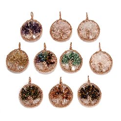 Mixed Stone Mixed Stone Pendants, with Rose Gold Plated Brass Findings, Flat Round with Tree of Life, 64~67.5x50~51x6~7.5mm, Hole: 8x5~6.5mm