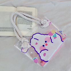 Rabbit PVC Handbags, Rectangle Women Bags, with Twisted Cord Bag Strap, Rabbit Pattern, 53.5cm