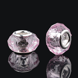 Rose Nacré Perles Européennes acryliques, Perles avec un grand trou   , avec noyaux en laiton plaqué couleur argent, facette, rondelle, perle rose, 13~14x9~10mm, Trou: 4.5mm