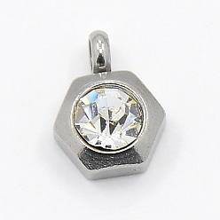 Crystal 201 Stainless Steel Rhinestone Hexagon Charm Pendants, Grade A, Faceted, Crystal, 9x7x4mm, Hole: 1mm