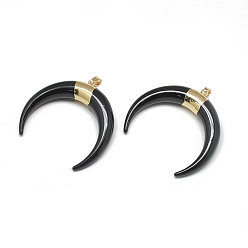 Black Resin Pendants, with Brass Findings, Double Horn/Crescent Moon, Golden, Black, 34~35x34x9mm, Hole: 6x3mm