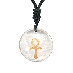 Cristal de Quartz Pendeloques de cristal de quartz naturel, charme religieux, plat rond avec croix ankh, 1.18x0.24 pouce (3x0.6 cm)