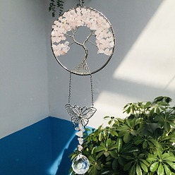 Rose Quartz Glass Teardrop Pendant Decoration, Hanging Suncatchers, with Natural Rose Quartz Chip Tree of Life, for Window Home Garden Decoration, Butterfly, 370mm