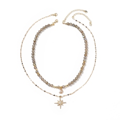 Labradorite Ensembles de colliers pendentif étoile et lune pour femmes, perles labradorite naturelle colliers, Collier avec pendentif, 15.16~18.7 pouce (38.5~47.5 cm), 2 pièces / kit
