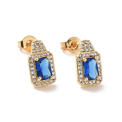 Marine Blue Cubic Zirconia Rectangle Stud Earrings, Real 18K Gold Plated Brass Jewelry for Women, Cadmium Free & Nickel Free & Lead Free, Marine Blue, 16x7x4mm, Pin: 0.6mm