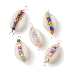 Mixed Color Natural Shell Copper Wire Wrapped Connector Charms, Shell Shape Links with Glass Seed Beads, Golden, Mixed Color, 26~29x11~14x8.5~9.5mm, Hole: 1.6~3mm