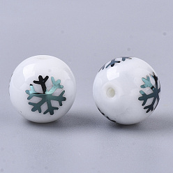 Green Plated Christmas Opaque Glass Beads, Round with Electroplate Snowflake Pattern, Green Plated, 10mm, Hole: 1.2mm