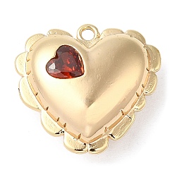 Red Brass Pendants, with Glass, Nickel Free, Heart Charms, Real 18K Gold Plated, Red, 15.5x16.5x6.5mm, Hole: 1.2mm
