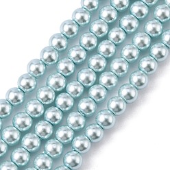 Light Blue Grade A Glass Pearl Beads, Pearlized, Round, Light Blue, 4mm, Hole: 0.7~1.1mm, about 100pcs/Strand, 16''(40.64cm)