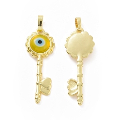 Gold Handmade Evil Eye Lampwork Pendants, with Real 18K Gold Plated Tone Brass Findings, Key Charm, Gold, 33x12x4mm, Hole: 4x6mm