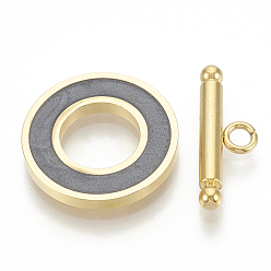 Серый 201 из нержавеющей стали застежками тумблеры, с эмалью, кольцо, золотые, серые, Кольцо: 19.5x2 mm, внутренний диаметр: 10 мм, бар: 21x7x3 mm, отверстие : 2 мм