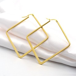 Golden 304 Stainless Steel Angular Hoop Earrings, Hypoallergenic Earrings, Rhombus, Golden, 64~67x64~67x2mm, Pin: 1x0.6mm