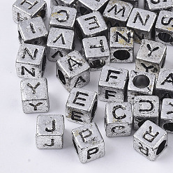 Antique Silver Plated Plated Acrylic Beads, Horizontal Hole, Cube with Random Initial Letter, Antique Silver, 6x6x6mm, Hole: 3.5mm, about 2500pcs/500g