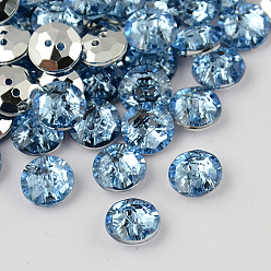 Bleu Clair Taiwan bouton acrylique avec strass 2 trou , facettes et dos plaqué argent, bleu clair, 10x4mm, Trou: 1mm