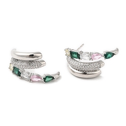Platinum Emerald Rhinestone Claw Stud Earrings, Brass Earrings for Women, Lead Free & Cadmium Free, Platinum, 13x25mm